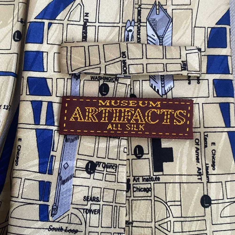 Museum Artifacts Chicago Map Novelty Necktie Silk Landmarks Pizza Hotdog Tie